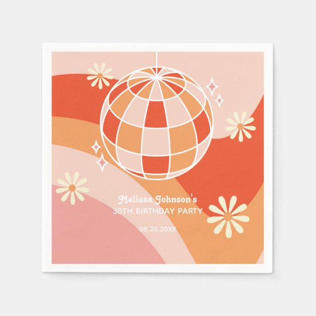 Retro Groovy Wave Disco Ball Daisy Pink Birthday Napkin (Front)