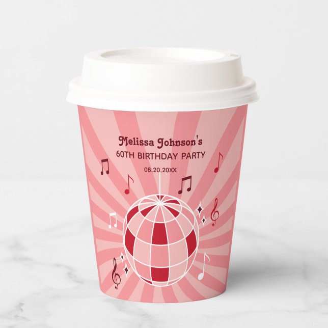 Retro Groovy Wave Disco Ball Musical Pink Birthday Paper Cups (Front)