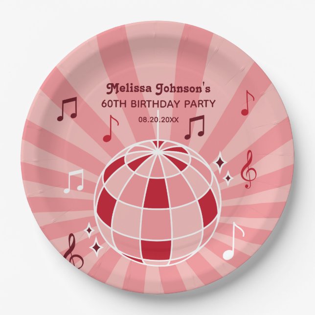 Retro Groovy Wave Disco Ball Musical Pink Birthday Paper Plate (Front)