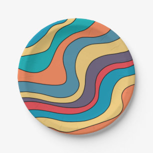 Retro Groovy Waves Colourful Art Hippie 70s Rainbo Paper Plate
