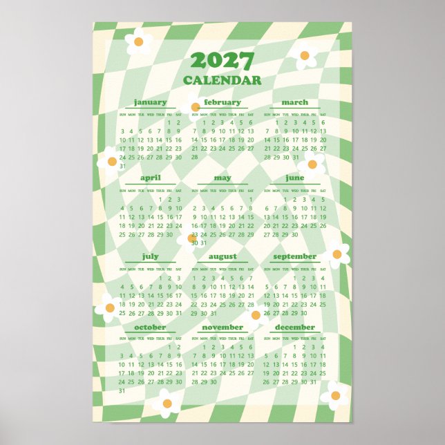 Retro Groovy Wavy Chequered Pattern 2027 Calendar Poster (Front)