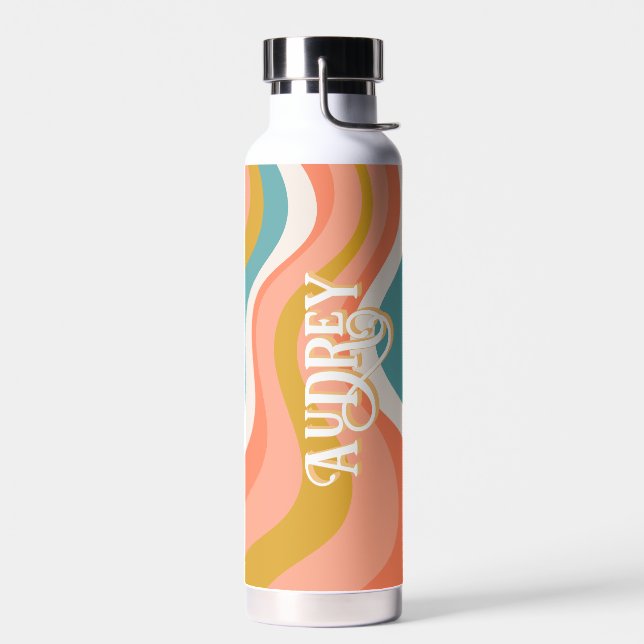 Retro Groovy Wavy Pattern Personalised Name Water Bottle (Left)