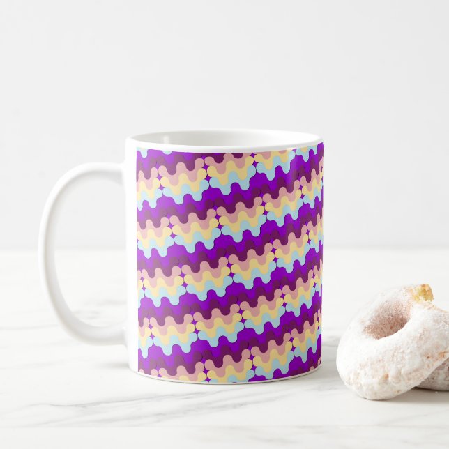  Retro Groovy Wavy Pattern Purple And Yellow Coffee Mug (With Donut)