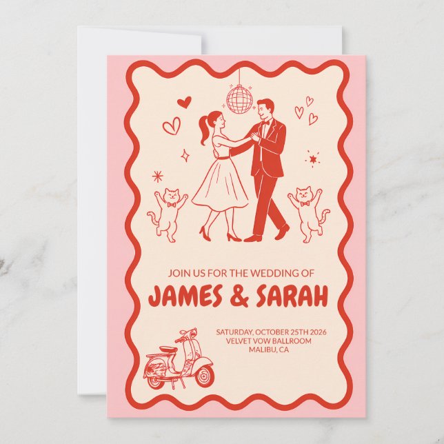 Retro Groovy Wedding Invitation Disco Ball Dancing (Front)