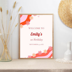 Retro Groovy Welcome Baby Birthday Poster