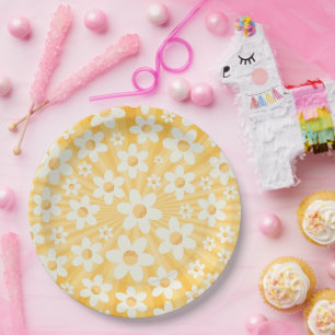 Retro Groovy Yellow Daisy Birthday Paper Plate