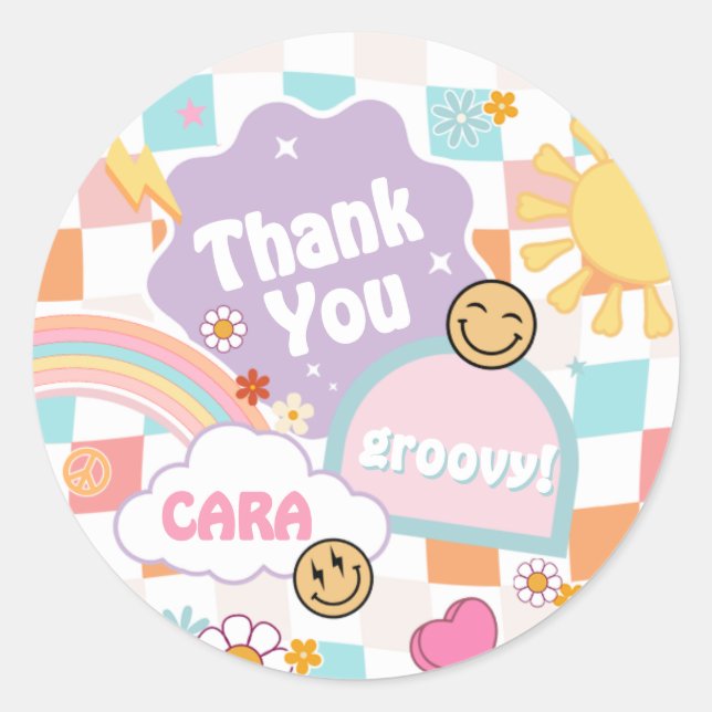 Retro Groovy Young Wild and Three Birthday Party Classic Round Sticker (Front)