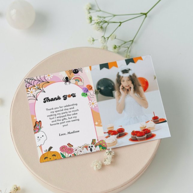 Retro grovvy Halloween birthday thank you card (Creator Uploaded)