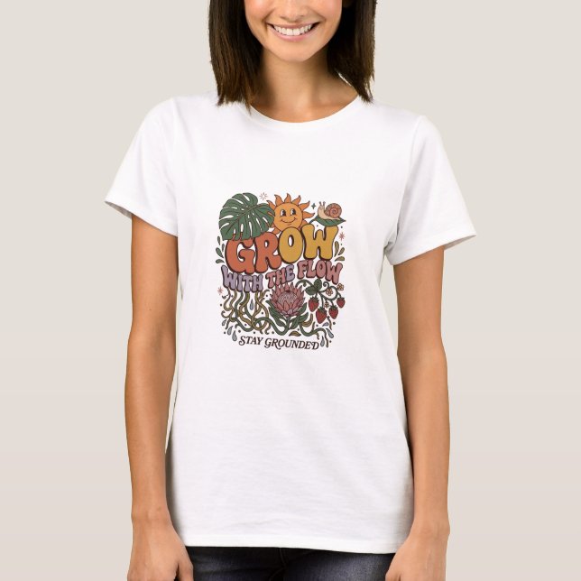 Retro Grow With The Flow T-Shirt | Boho Botanical  (Front)