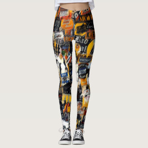 Retro, grunge stickers wall pattern, 90s theme leggings