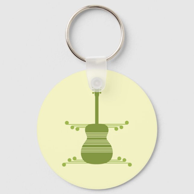 Retro Guitar Keychain, Olive Green Key Ring (Front)