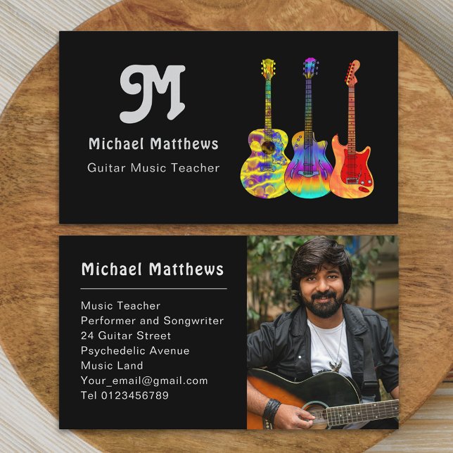 Retro Guitar Music Teacher Custom Photo Business Card (Modern retro guitar music teacher professional musician photo business card)