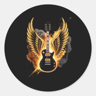 Retro Guitar Wings Abstract Art Rock And Roll Musi Classic Round Sticker