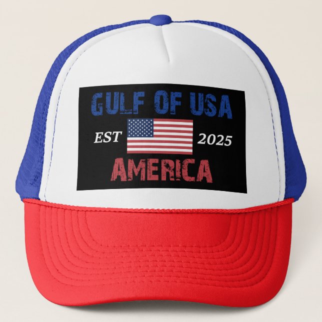 Retro Gulf Of USA America Est 2025 American Flag G Trucker Hat (Front)