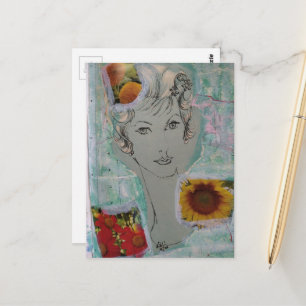 Retro Hair Style Woman and Flowers Collage Postcard