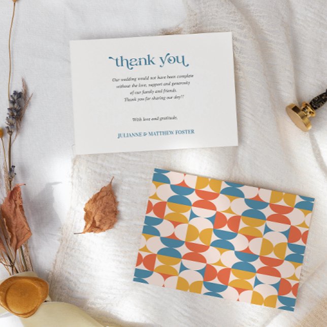 Retro Half Circle Scallop Mid Century WEDDING Thank You Card (Retro Vintage Mid-century Modern wedding thank you with names, custom message. Half Circle Scallops)