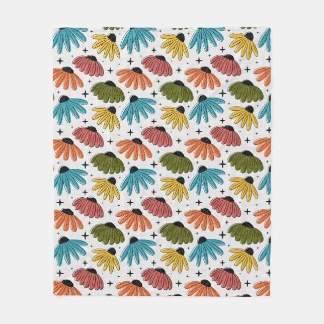 Retro Halftone Coneflowers Fleece Blanket (Front)
