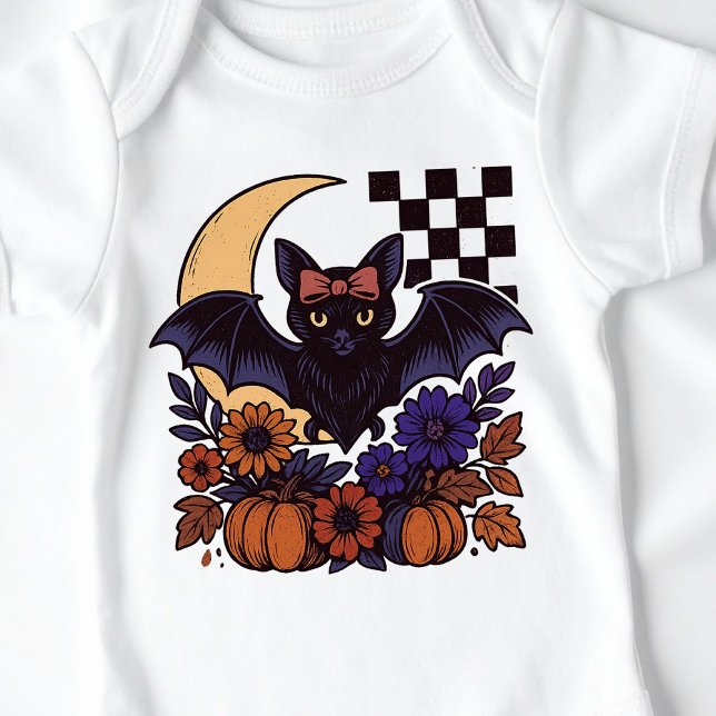 Retro Halloween Bat With Moon Gothic Aesthetic Baby Bodysuit (This retro Halloween bat design captures spooky charm with a gothic twist.)