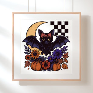 Retro Halloween Bat With Moon Gothic Aesthetic Poster