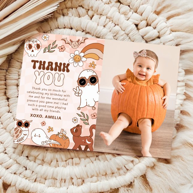 Retro Halloween Birthday Photo Thank You Card (Creator Uploaded)