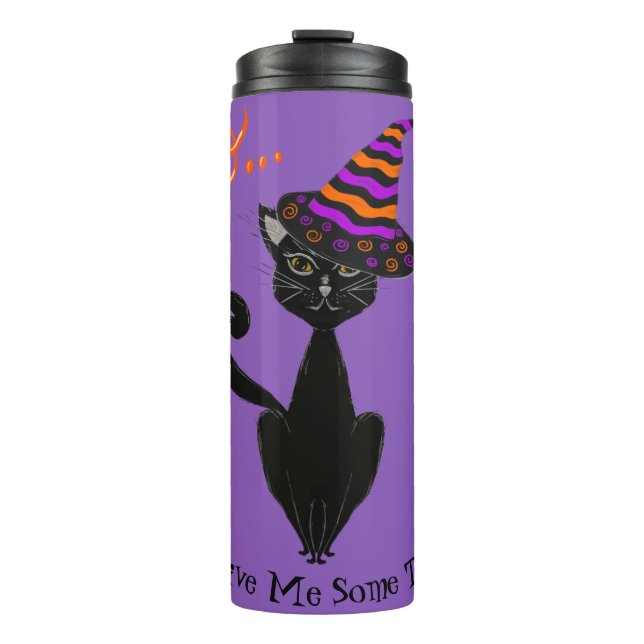 Retro Halloween Black Blasé Cat with Witches Hat Thermal Tumbler (Front)