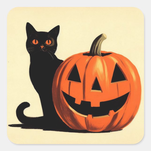 Retro Halloween Black Cat and Pumpkin Square Sticker (Front)