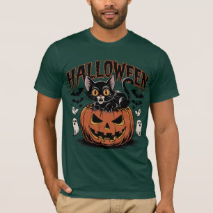 Retro Halloween Black Cat with Pumpkin T-Shirt