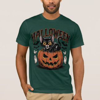 Retro Halloween Black Cat with Pumpkin T-Shirt