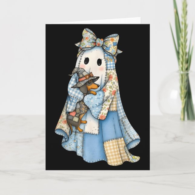 Retro Halloween Blue Denim Ghost Dachshund Funny  Card (Front)
