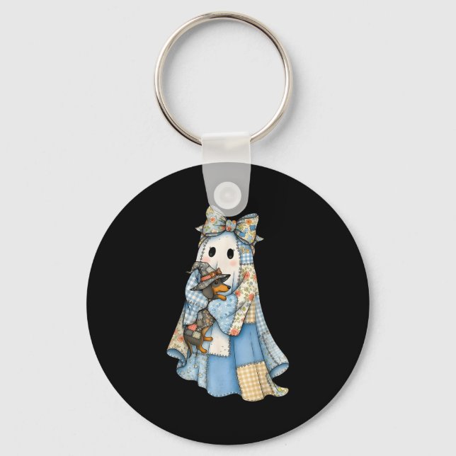 Retro Halloween Blue Denim Ghost Dachshund Funny  Key Ring (Front)
