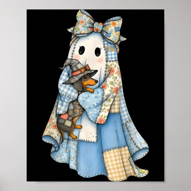 Retro Halloween Blue Denim Ghost Dachshund Funny  Poster (Front)