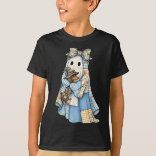 Retro Halloween Blue Denim Ghost Dachshund Funny T-Shirt