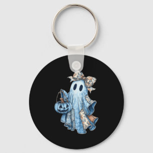 Retro Halloween Blue Denim Ghost Floral Patchwork  Key Ring