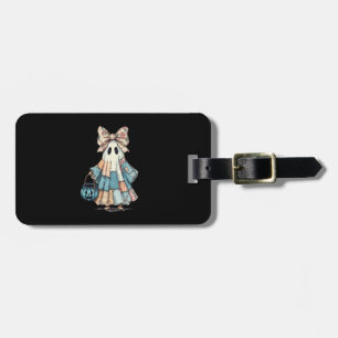 Retro Halloween Blue Denim Ghost Luggage Tag
