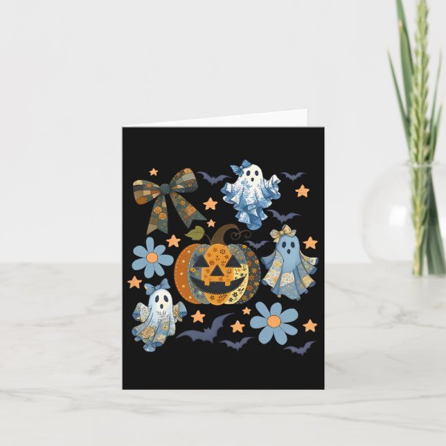 Retro Halloween Blue Denim Ghost Patchwork Spooky  Card (Front)