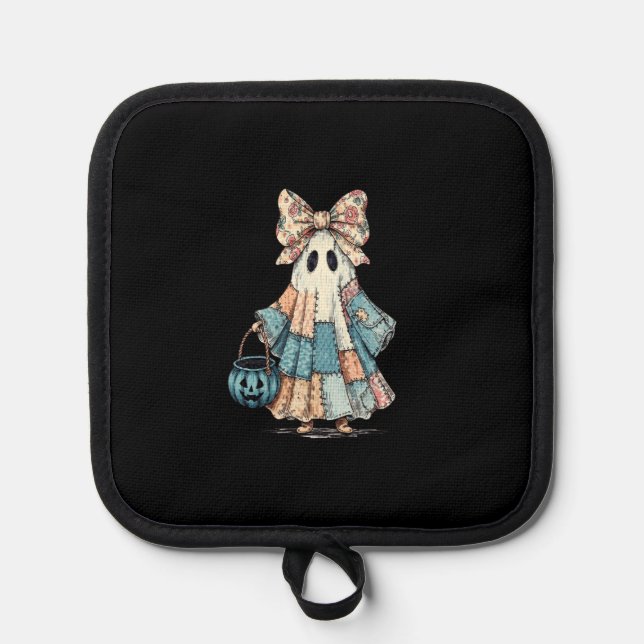 Retro Halloween Blue Denim Ghost Pot Holder (Front)