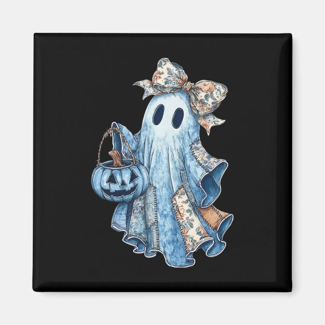 Retro Halloween Blue Denim Ghost Spooky Ghost Ghos Magnet (Front)