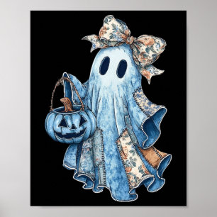 Retro Halloween Blue Denim Ghost Spooky Ghost Ghos Poster
