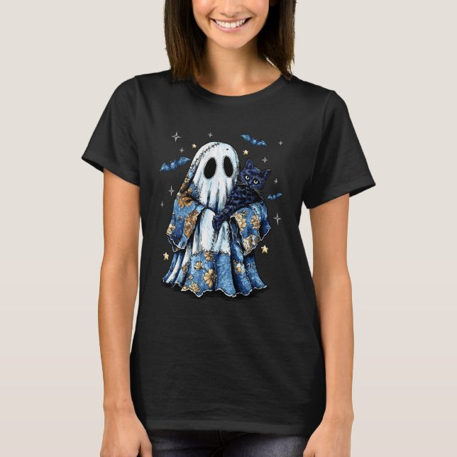 Retro Halloween Blue Denim Patchwork Ghost Black C T-Shirt (Front)