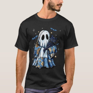 Retro Halloween Blue Denim Patchwork Ghost Black C T-Shirt