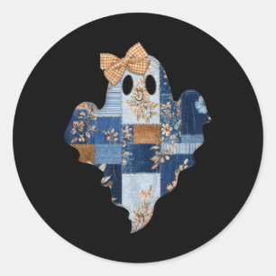 Retro Halloween Blue Denim Patchwork Ghost Boo Coq Classic Round Sticker
