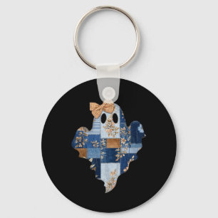 Retro Halloween Blue Denim Patchwork Ghost Boo Coq Key Ring