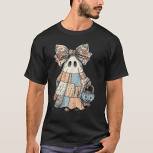 Retro Halloween Blue Denim Patchwork Quilt Ghost S T-Shirt