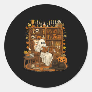 Retro Halloween Bookshelf Ghost Reading Book Lover Classic Round Sticker
