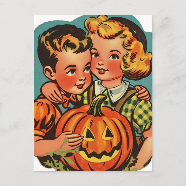 Retro Halloween Boy and Girl with Jack-o-Lantern Postcard (Front)
