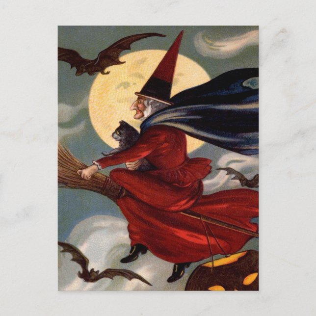 Retro Halloween Broom Witch Postcard (Front)