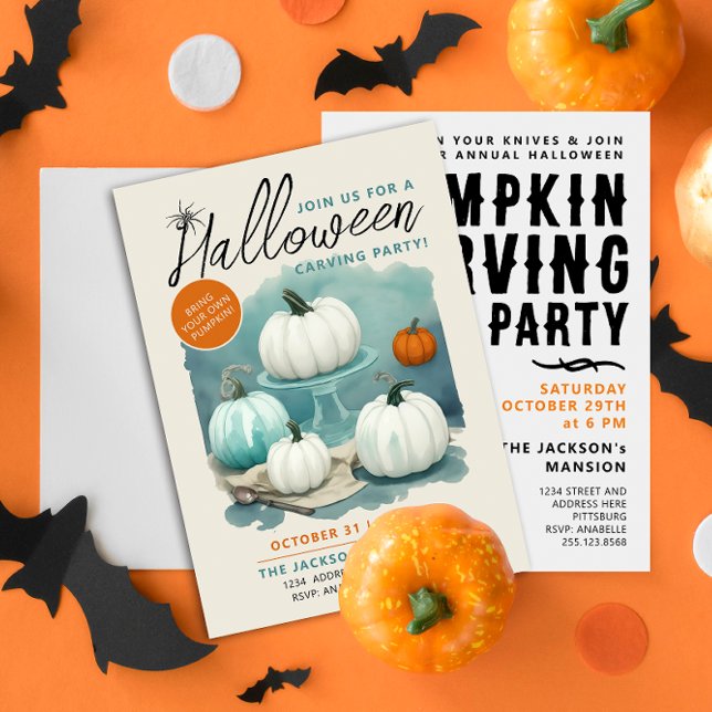 Retro Halloween Carving White Pumpkins Watercolor  Invitation (Creator Uploaded)