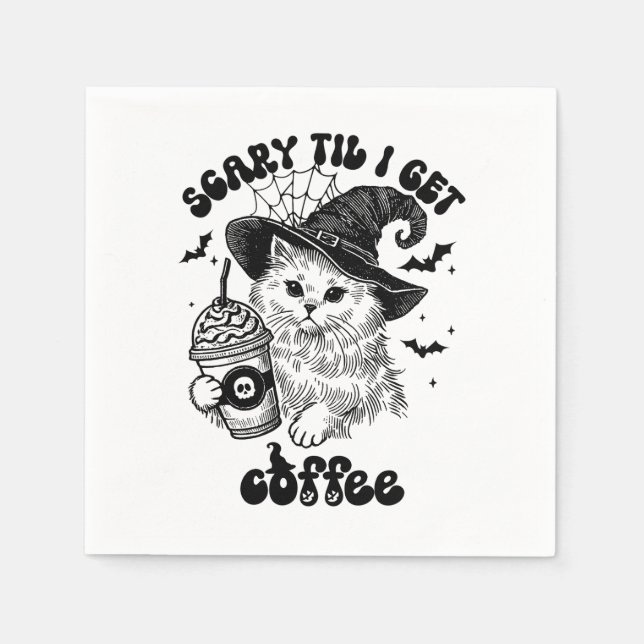 Retro Halloween Cat Coffee–Scary ’Til I Get Coffee Napkin (Front)