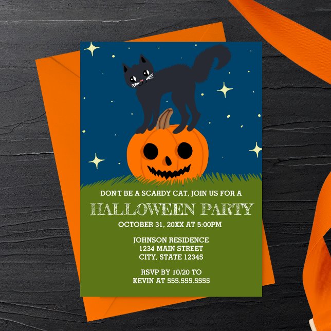 Retro Halloween Cat on Pumpkin Halloween Party Invitation (Creator Uploaded)