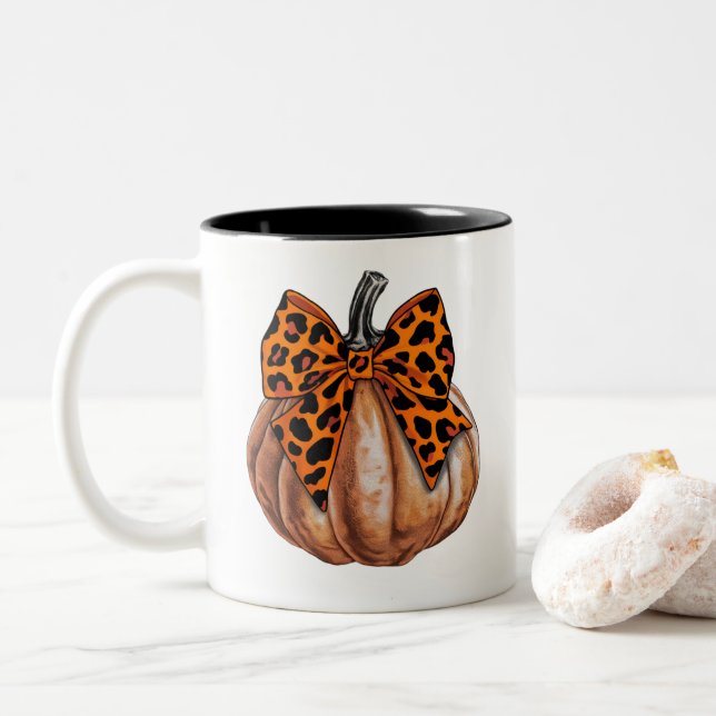 Retro Halloween Coquette Bow Pumpkin Spooky Fall  Two-Tone Coffee Mug (With Donut)